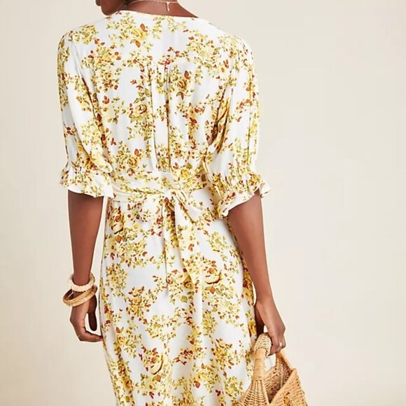 Faithfull the Brand S Yellow Floral Rafa Midi Dress Plunge Puff Sleeve Cottage‎ - Picture 10 of 12